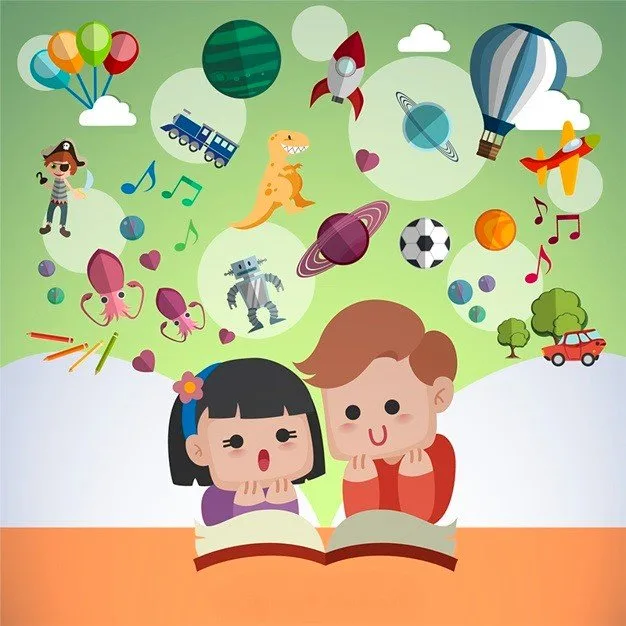 Disegno di due bambini affascinati mentre leggono un libro da cui escono diversi oggetti